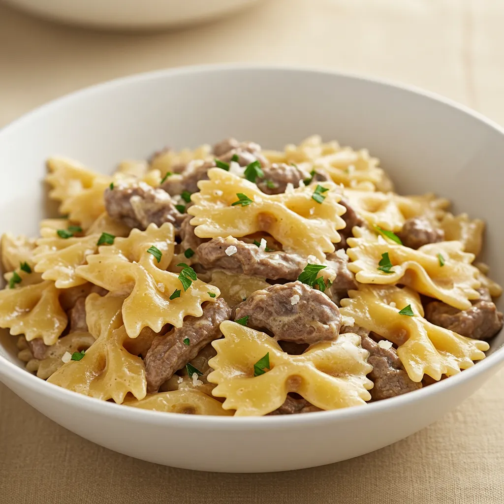 Creamy Parmesan Garlic Beef Bowtie Pasta